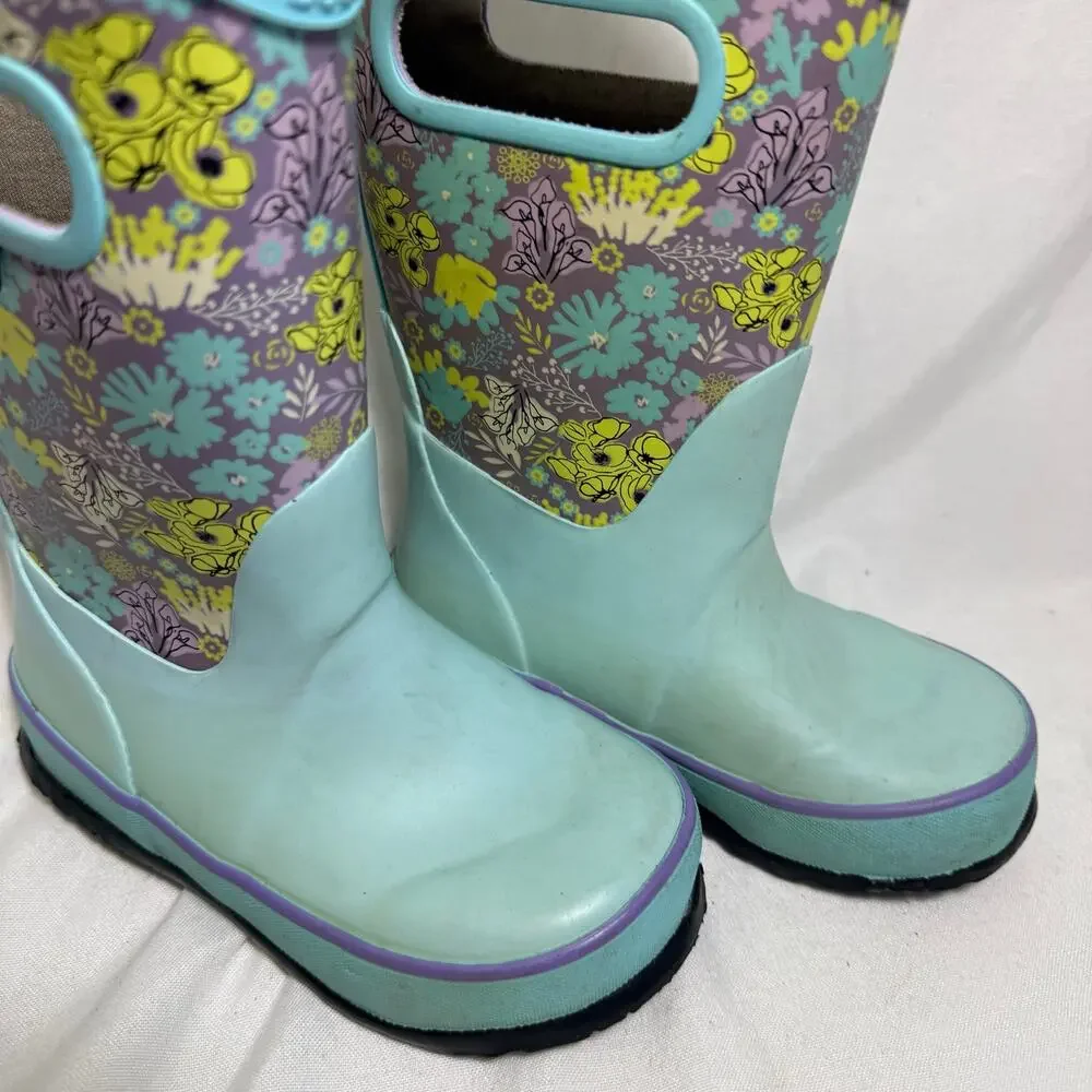 BOGS Kids Girls Size 9 Floral Rain Boots Mint Aqua Purple Waterproof